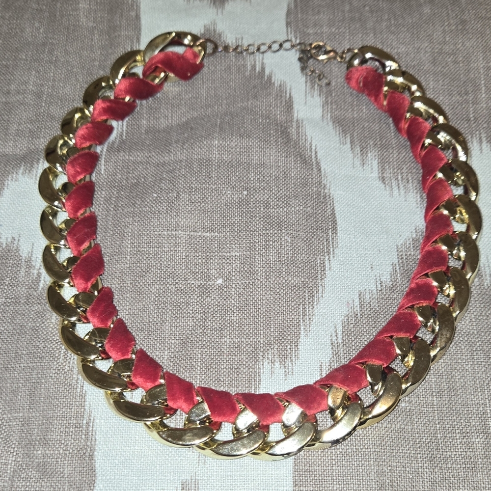 Costume Vintage  Necklace Red Vekvet With Gold Links.